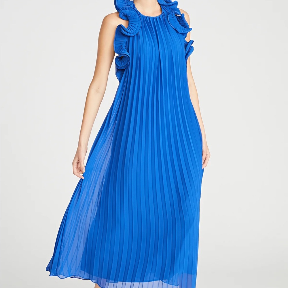 AMUR Blue Pleated Halter Midi Dress